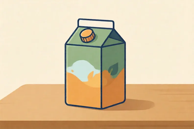A plain juice carton standing on a kitchen table