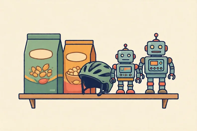 A shop shelf with boxes of cereal, a bike helmet and toy robots