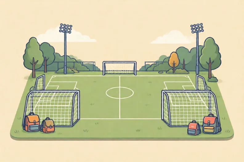 An empty school football pitch with goal posts and a few bags on the grass