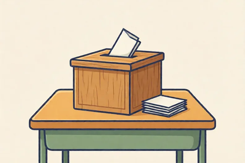 A wooden ballot box on a classroom table with a few folded paper slips beside it