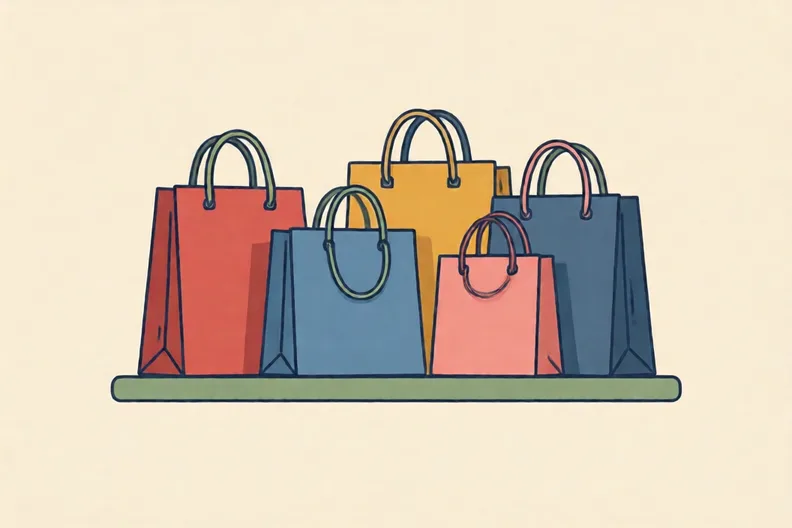A shelf of red, blue and pink cloth shopping bags in a corner shop, no people