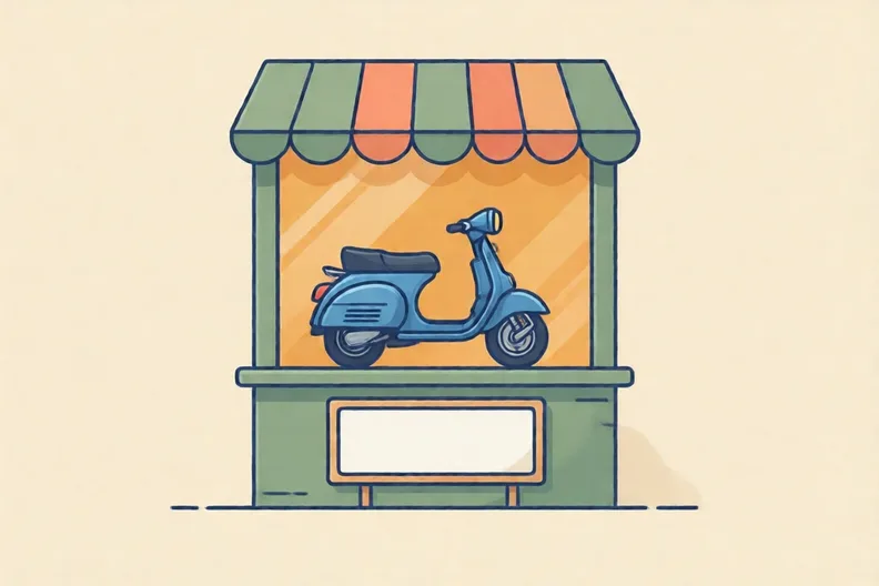 A shop window with a blue scooter on display and a blank sign below it, no people