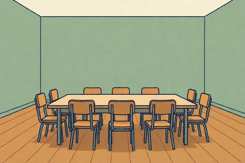 An empty hall with plain walls, a long table, and chairs in a circle around it