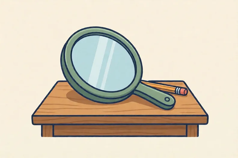 A round hand mirror lying on a wooden desk beside a pencil