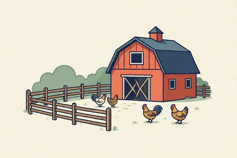 A farmyard with a red barn, a fence and hens scratching in the dust
