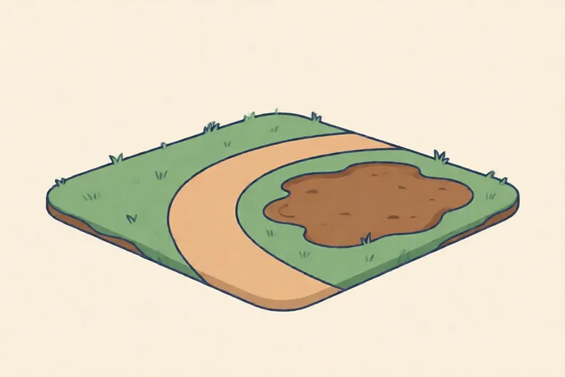 A park corner with green grass, a curved path, and a bare patch of ground.