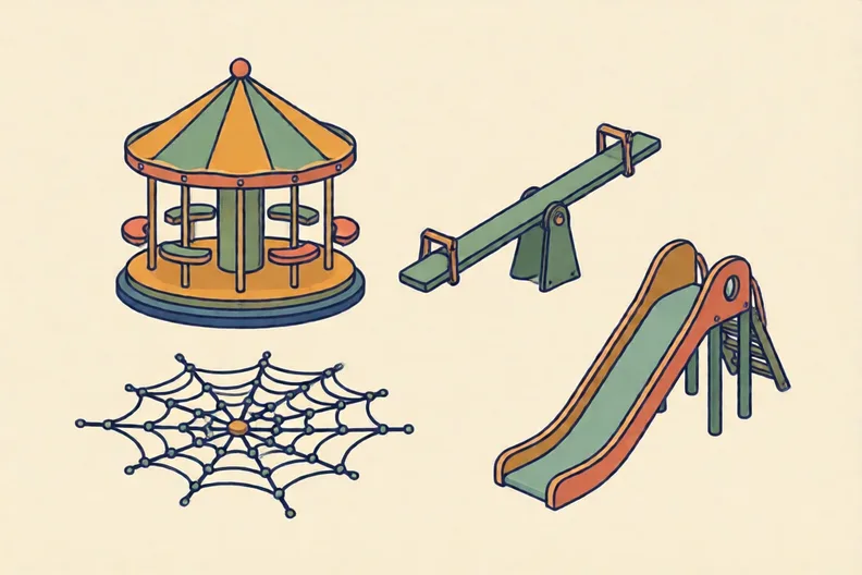 A park with a roundabout, a seesaw, a climbing net and a slide in bright colours