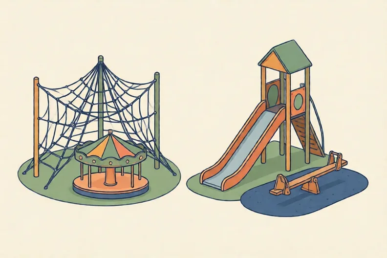 Two different playgrounds side by side, one with a spider web net and one with a straight slide