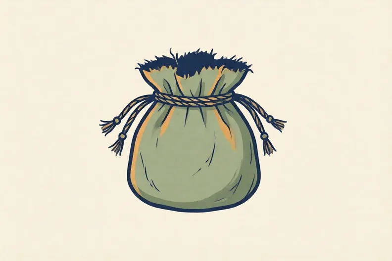 A fabric pouch with a frayed edge and a few loose threads hanging from it