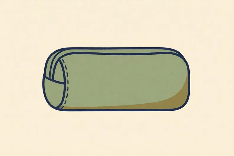 A simple plan of a fabric pencil case with a seam down the side and a top edge