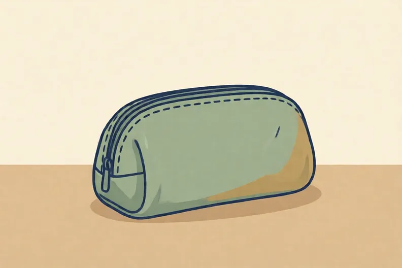 A small fabric pencil pouch lying flat on a table, with a neat row of stitches along one side
