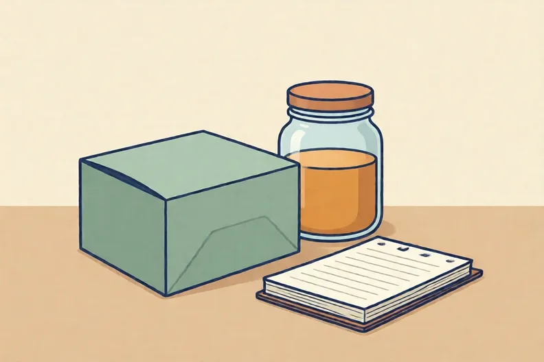 A card box and a glass jar side by side with a blank notepad beside them