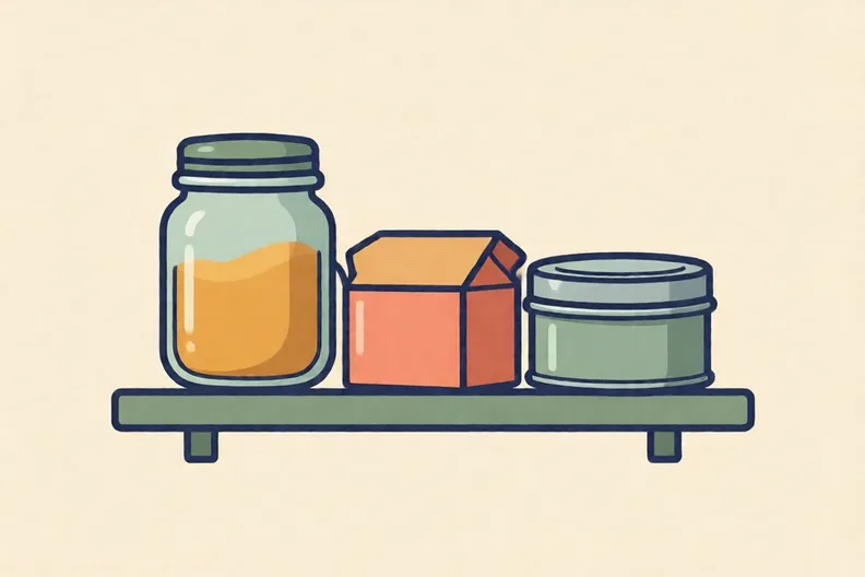 A kitchen shelf holding a glass jar, a card box and a metal tin