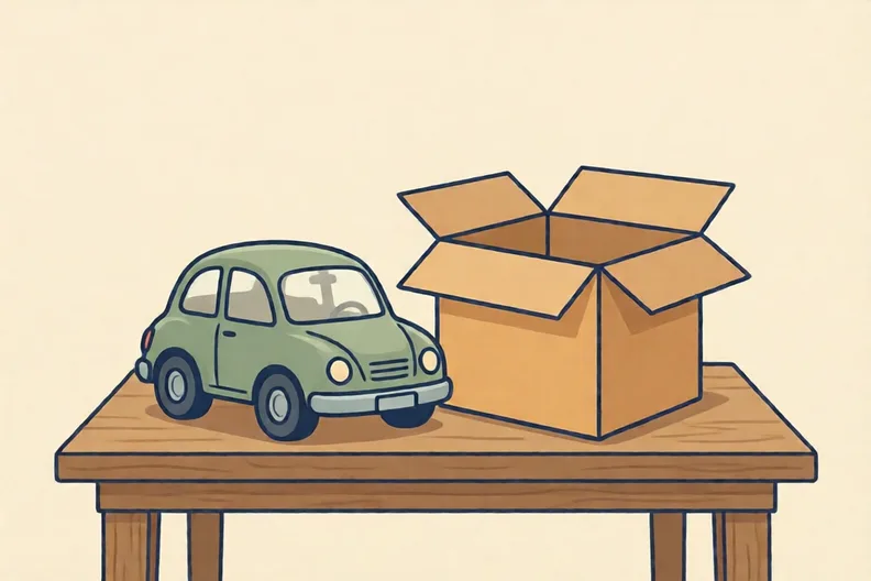 A small toy car beside an open cardboard box on a table