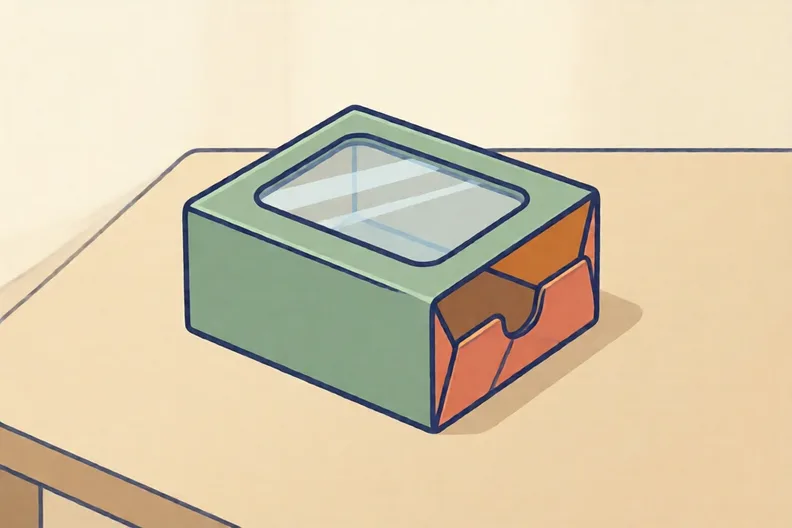 A small card box with a clear window in its lid, on a kitchen table