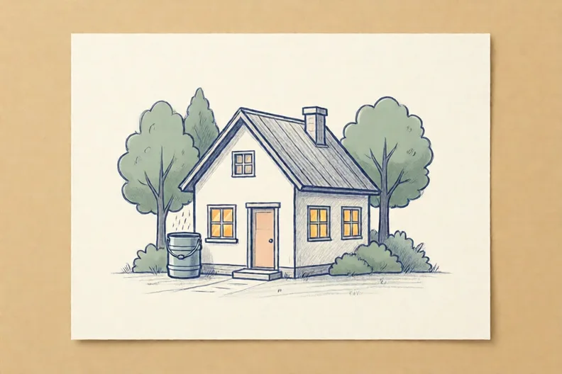 A pencil sketch of a small house with a rain barrel and windows facing the sun