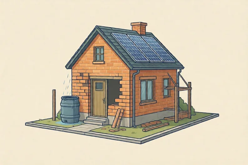 A small brick house on a built-up plot, with a rain barrel and solar panels on the roof