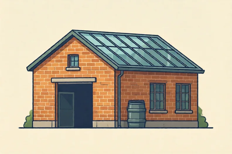 An old brick warehouse with a new glass roof and a rain barrel beside it