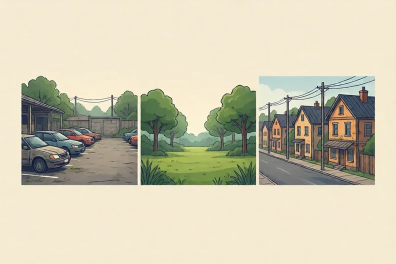 Three building plots: an old car park, an empty green field, and a built-up street