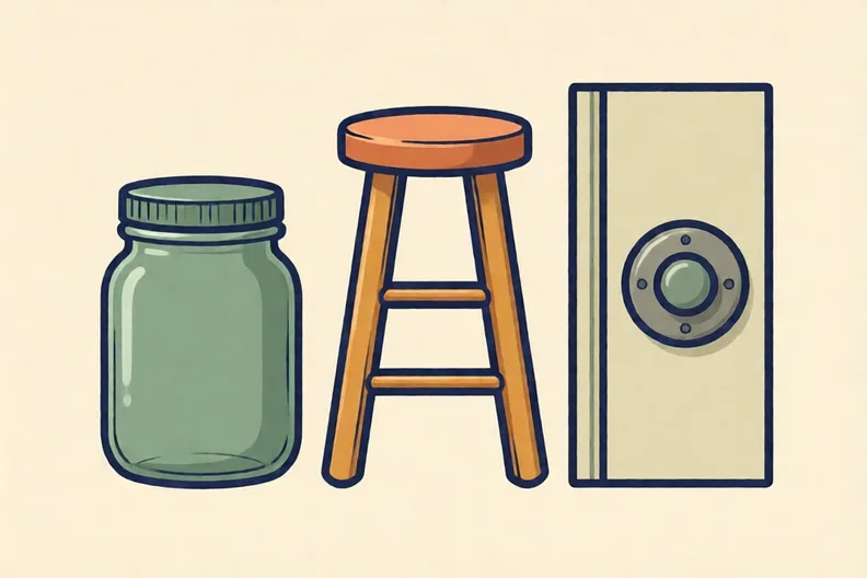 A screw-top jar, a tall stool and a round door knob in a row