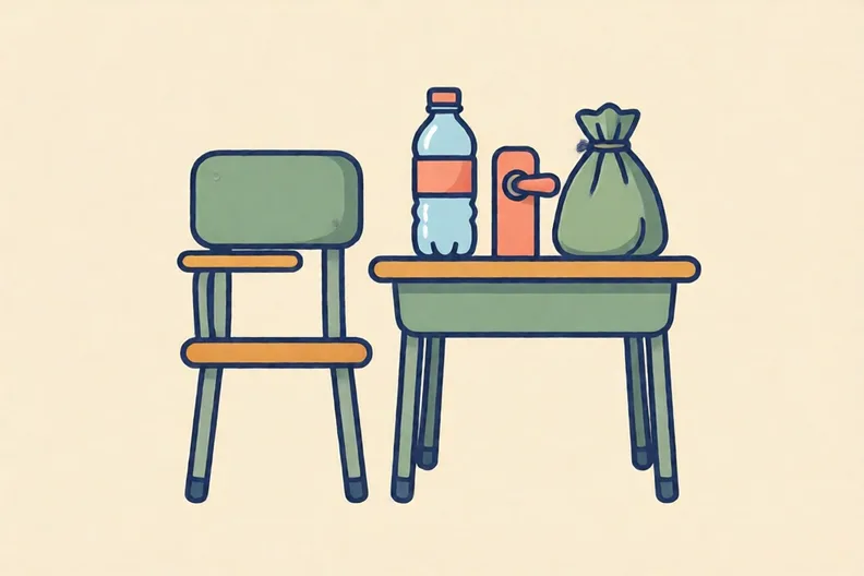 A classroom chair, a plain bottle and a door handle in a row