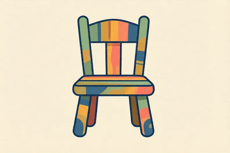 A plain wooden chair painted with bright stripes and curved shapes