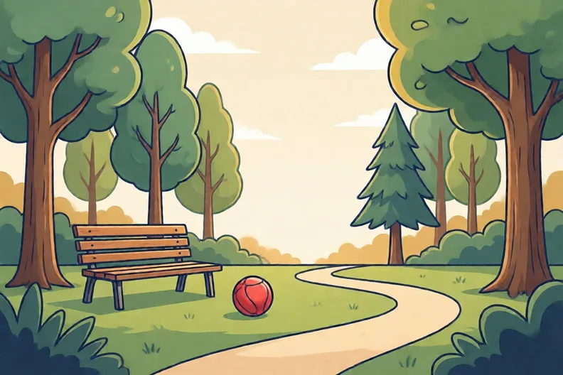 A park with tall trees, a bench and a red ball on the grass