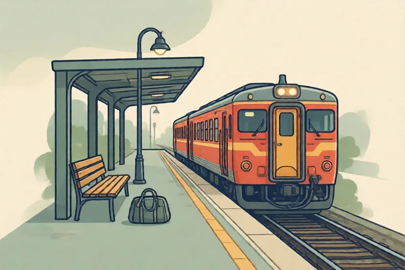 A busy train station platform with a red train and a bench