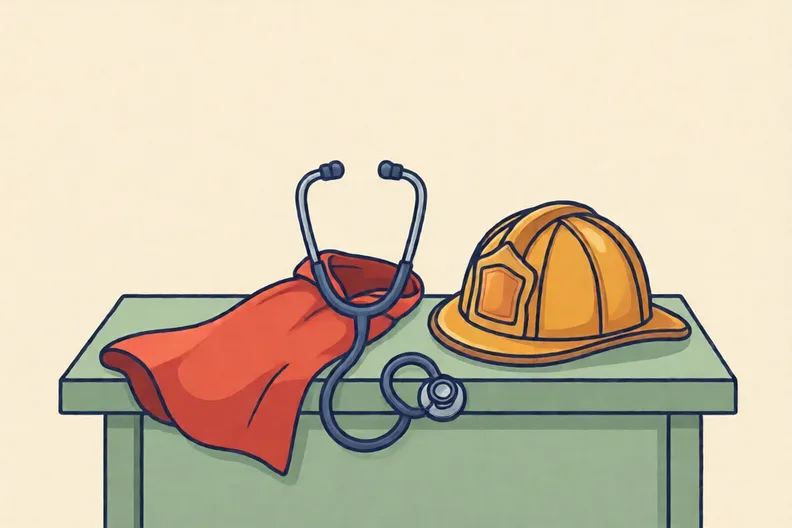 A red cape, a stethoscope and a fire helmet laid on a table