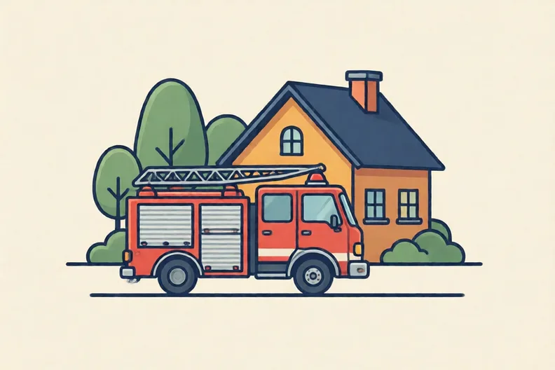 A fire engine parked outside a small house