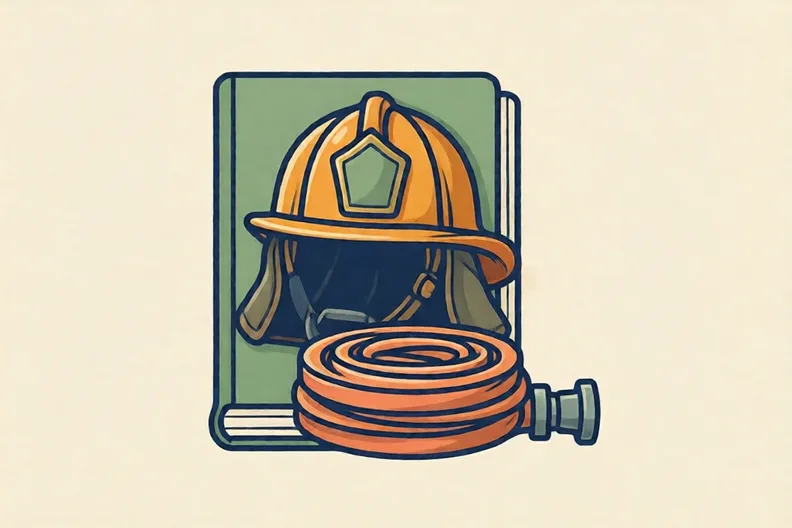 A book cover with a fire helmet and a hose
