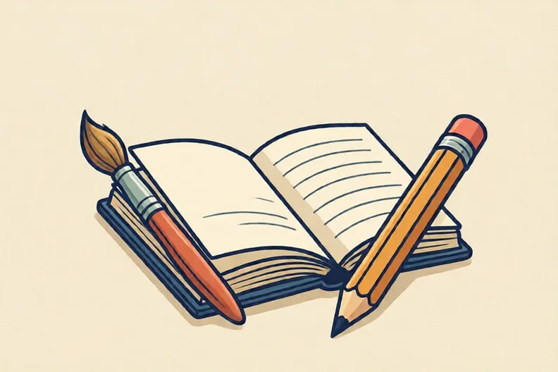 A paintbrush and pencil beside an open notebook