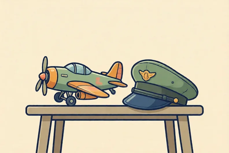 A toy aeroplane and a pilot's hat on a table