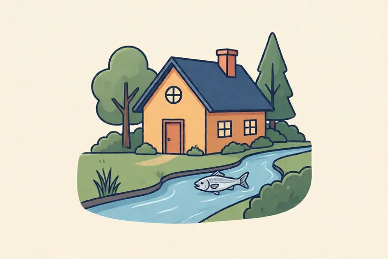 A small house beside a calm river, with a silver fish under the water