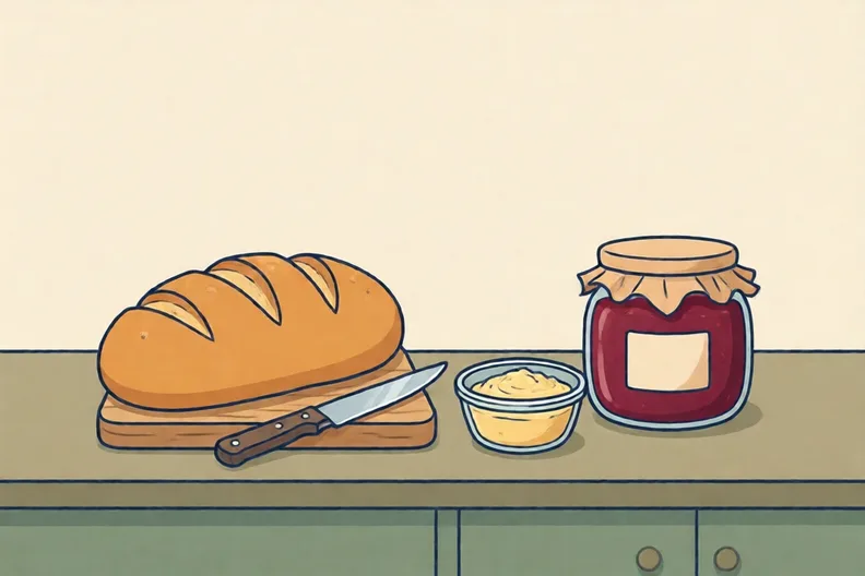 A kitchen counter with a loaf of bread, a knife and a jar of cheese spread