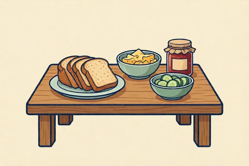A lunch table with bowls of bread, cheese, cucumber and a jar of jam