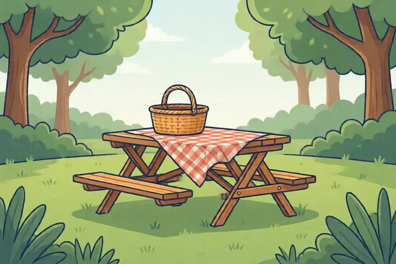 A picnic table with a basket and a cloth on the grass in a sunny park
