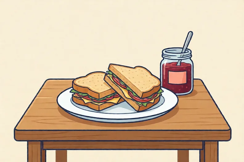 A plain plate with a sandwich cut in half on a kitchen table