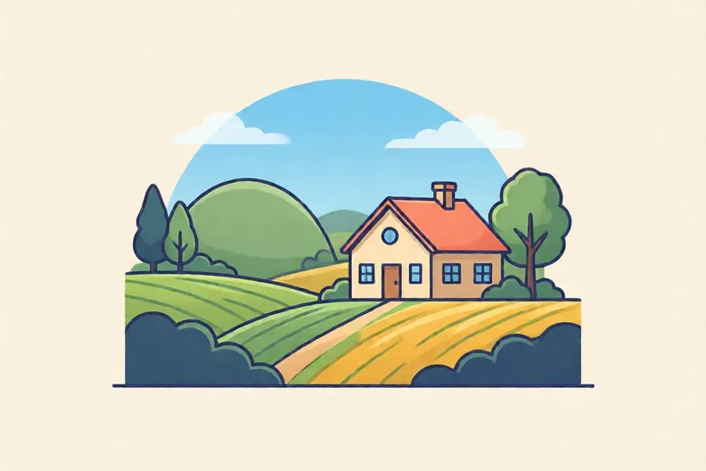 A quiet farm with green fields, a hill and a few trees under a blue sky