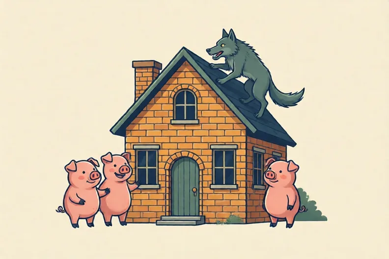 Three pigs beside a strong brick house while a wolf climbs the chimney