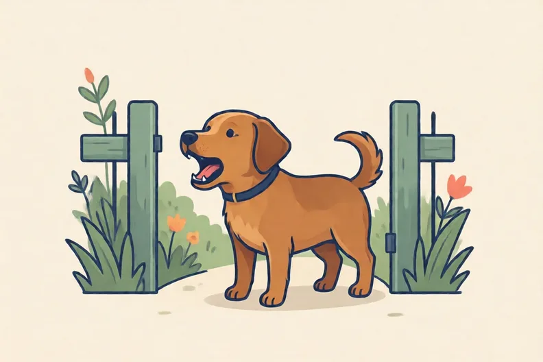 A brown dog barking by a garden gate on a sunny day