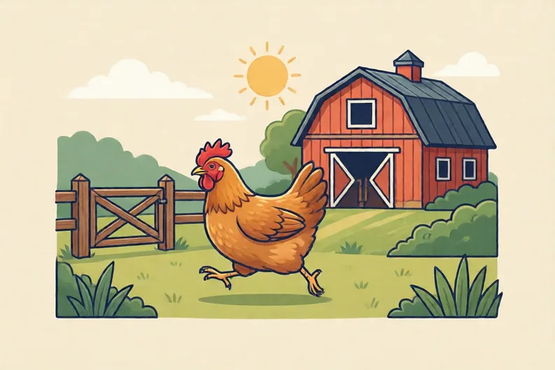 A hen running across a sunny farmyard towards a gate