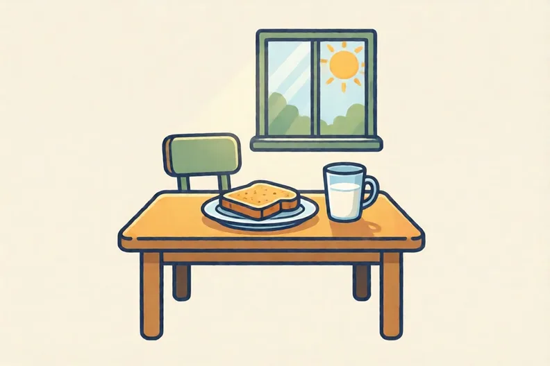 A sunny kitchen table with a plate of toast and a cup of milk