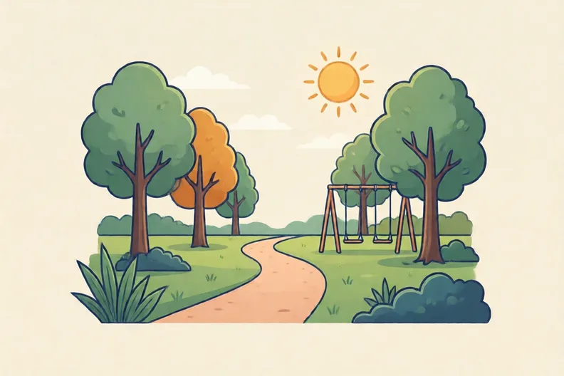 A sunny park with a path, trees and swings