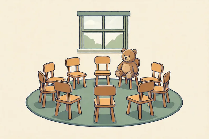 Rows of small chairs in a circle on a carpet, with a teddy sitting on one chair