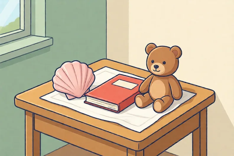 A show and tell table with a shell, a book and a toy bear in a sunny classroom corner