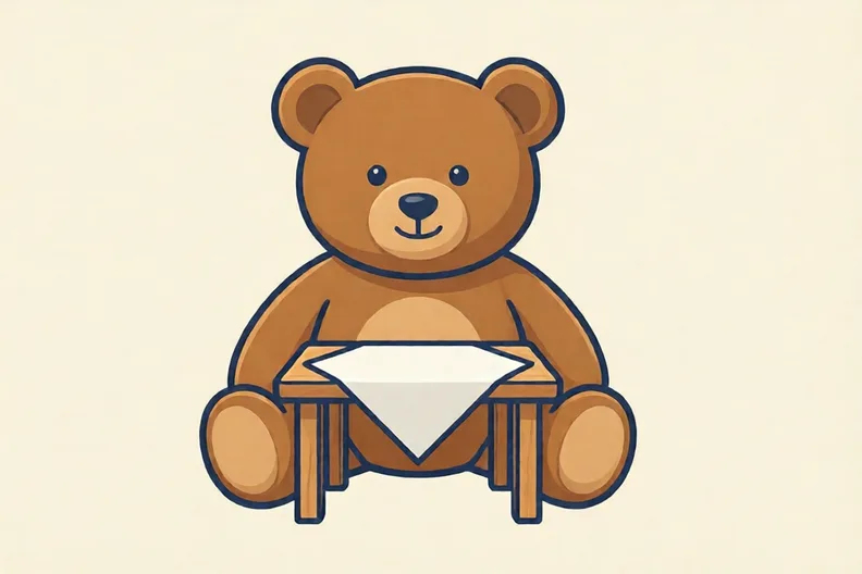 A big soft teddy bear sitting on a show and tell table