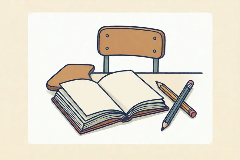 A blank open notebook and pencil on a table with a chair pulled up to it.