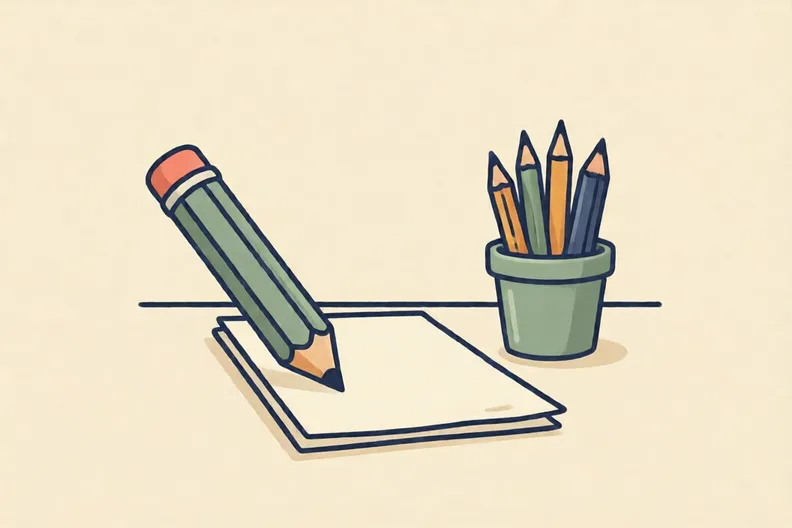A pencil and a sheet of paper on a desk next to a small pot of pencils