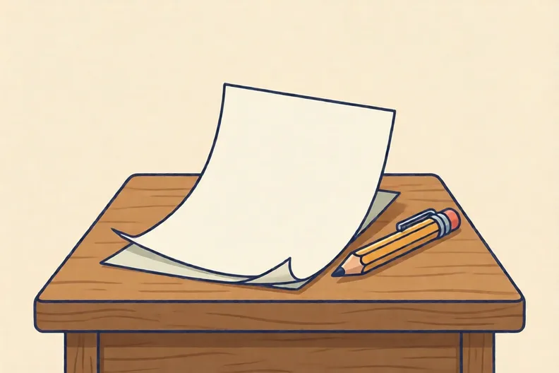 A sheet of plain paper tilted slightly on a wooden table, with a sharp pencil lying beside it